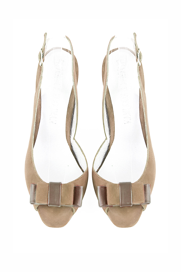 Tan beige women's slingback sandals. Round toe. High wedge heels. Top view - Florence KOOIJMAN